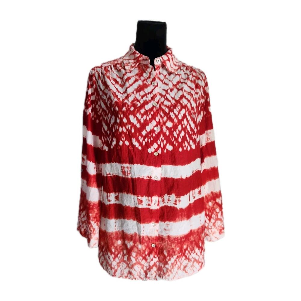 Beaches & boho Cotton Tie Dye Button Front High Low Beach Cover Up Blouse Size L - Picture 2 of 7